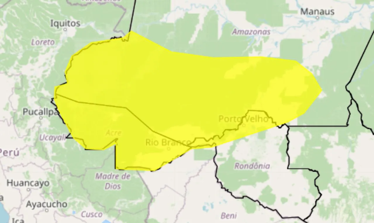 A mapa mostra as áreas em alertas para chuva intensa e ventania em partes do AM, AC e RO